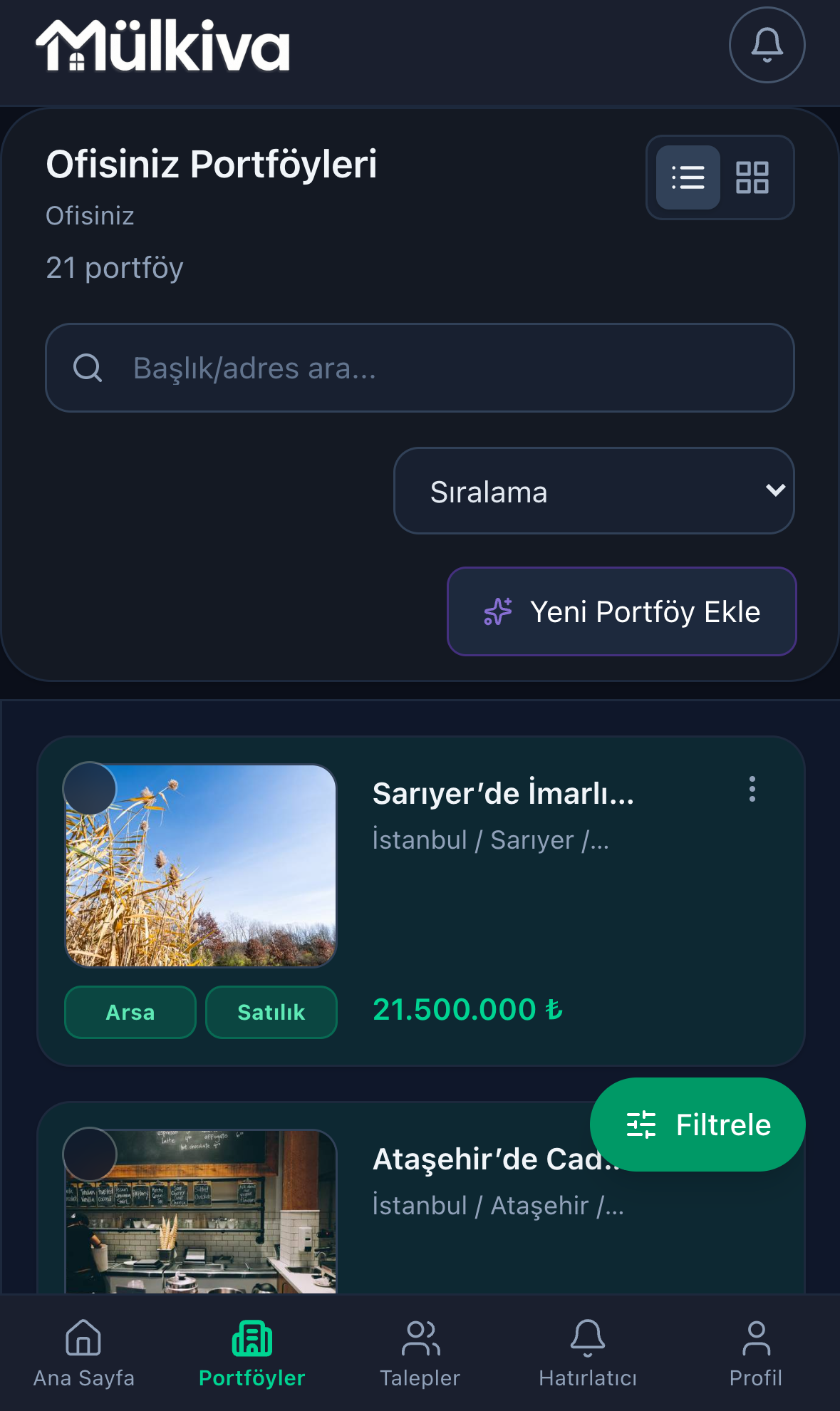 Portföy listesi — telefon ekranı