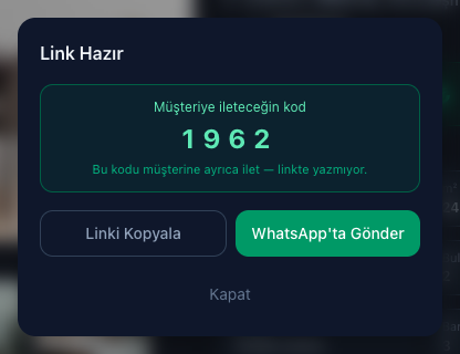 Danışman panelinde PIN korumalı paylaşım linki oluşturma ekranı